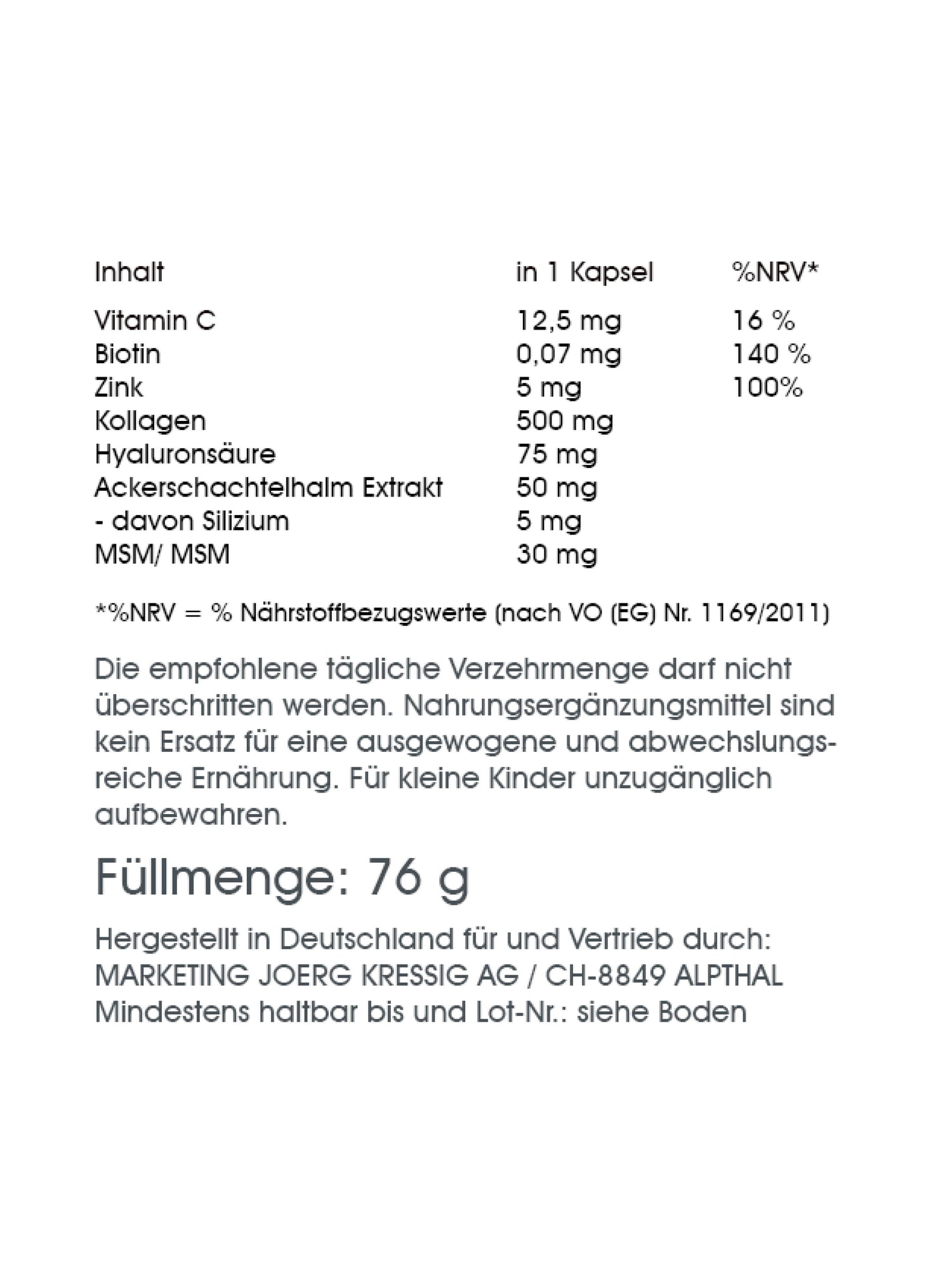 KOLLAGEN / HYALURON / ACEROLA MIT VITAMIN C / MSM / BIOTIN / 90 Kapseln